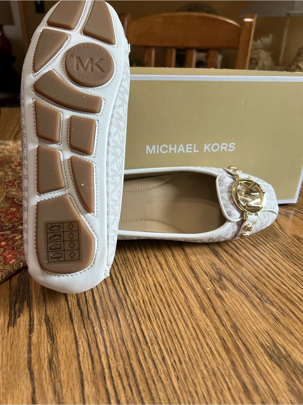 Michael Kors Cream Logo-Print Ballet Loafers with Gold MK Hardware